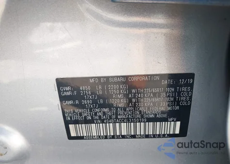 2020 Subaru Outback Premium z USA, uszkodzony, nr VIN 4S4BTACC4L3150199